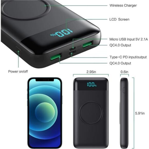 Wireless Portable Charger 30800mAh Fast Charging Power Bank USB C LCD - Picture 5 of 8